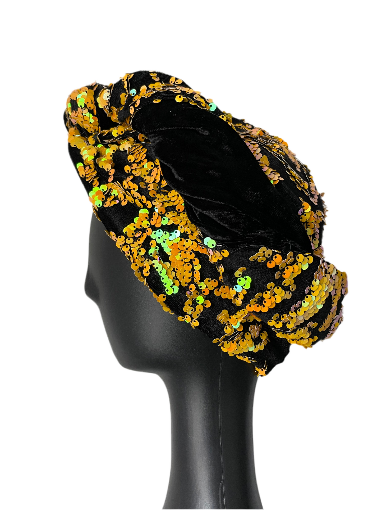 Yellow Sequin and Black Velvet Turban