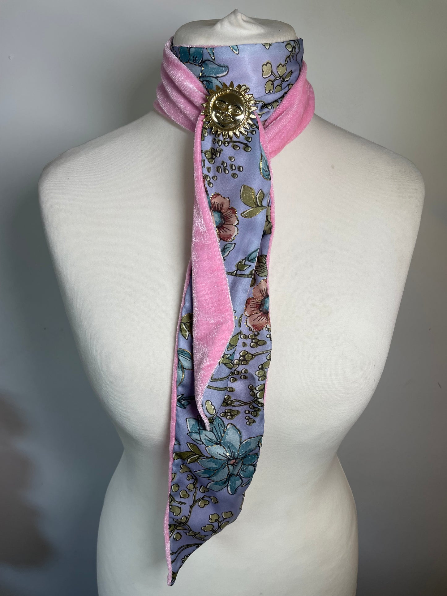 Pink Velvet and Blue Silk Neck Scarf
