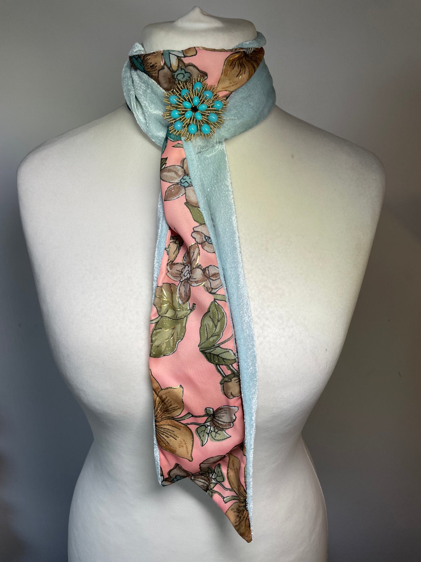Blue Velvet and Peach Silk Neck Scarf