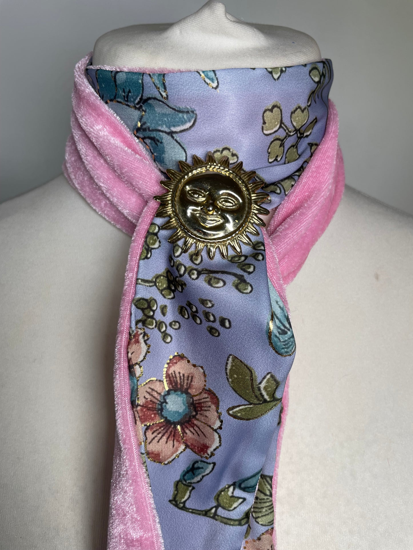 Pink Velvet and Blue Silk Neck Scarf