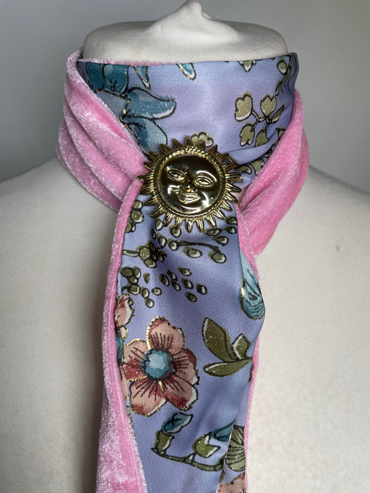 Pink Velvet and Blue Silk Neck Scarf