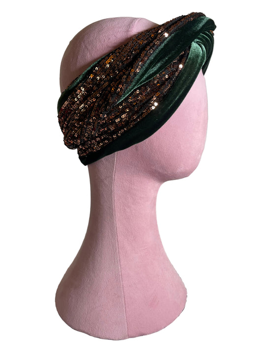 Bronze Sequin Green Velvet Head Wrap