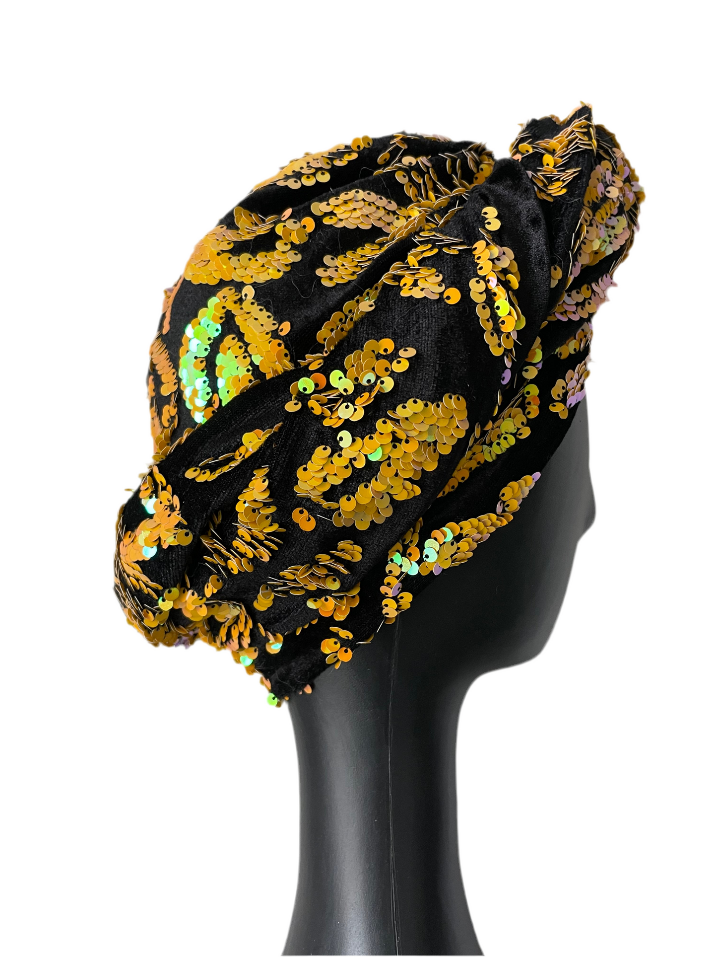 Yellow Sequin and Black Velvet Turban
