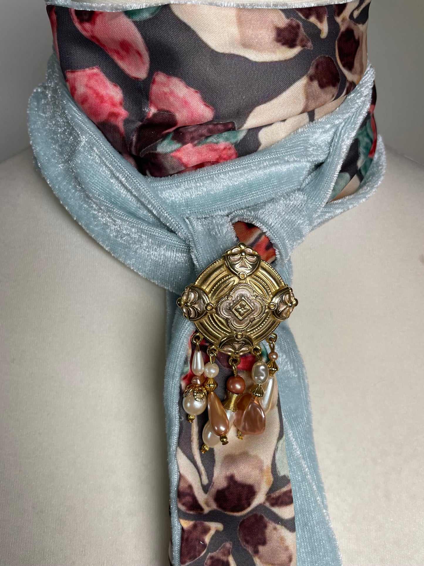 Blue Velvet and Floral Silk Neck Scarf