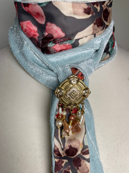 Blue Velvet and Floral Silk Neck Scarf