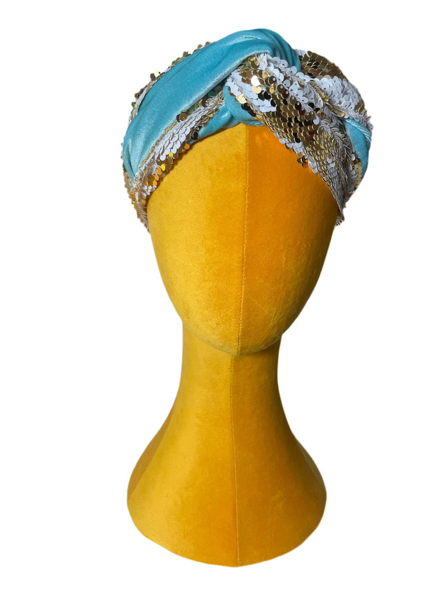 Aqua/White and Gold Sequin Head Wrap