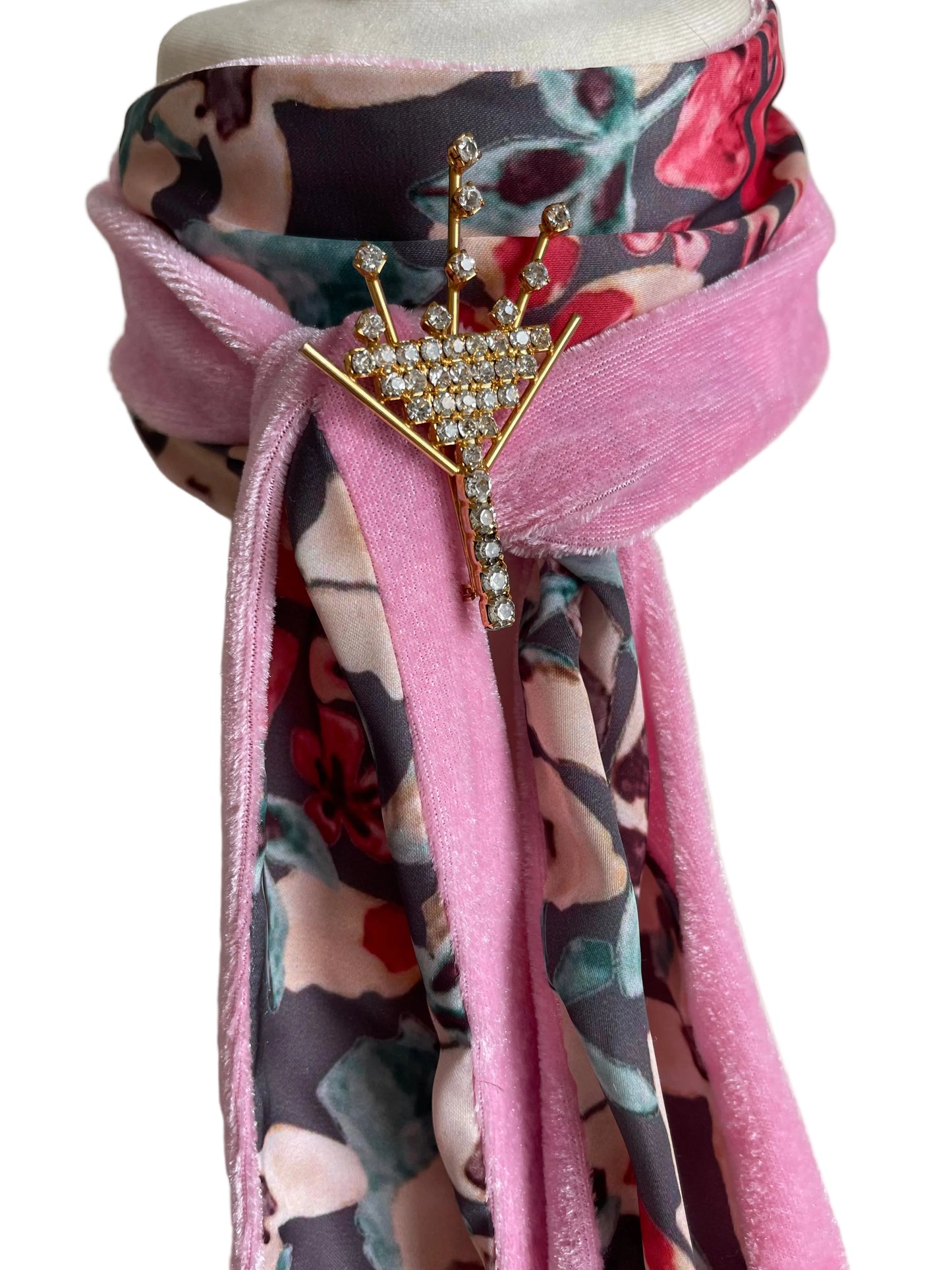 Pink Velvet and Floral Silk Neck Scarf