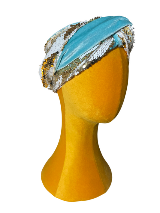 Aqua/White and Gold Sequin Head Wrap