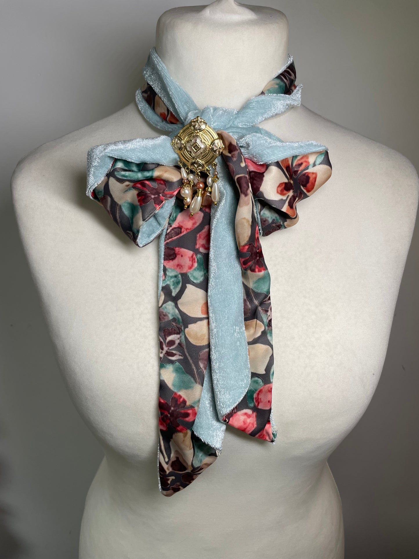 Blue Velvet and Floral Silk Neck Scarf