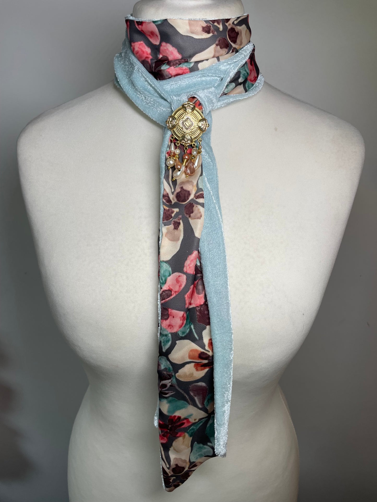 Blue Velvet and Floral Silk Neck Scarf