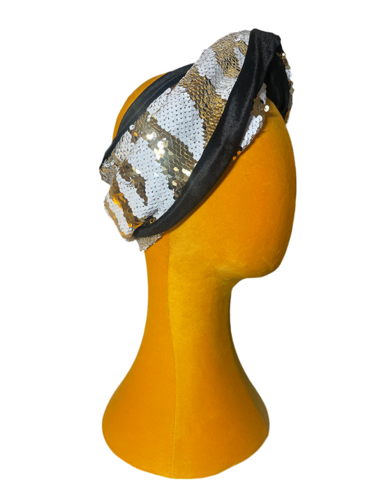 Black/White and Gold Sequin Head Wrap