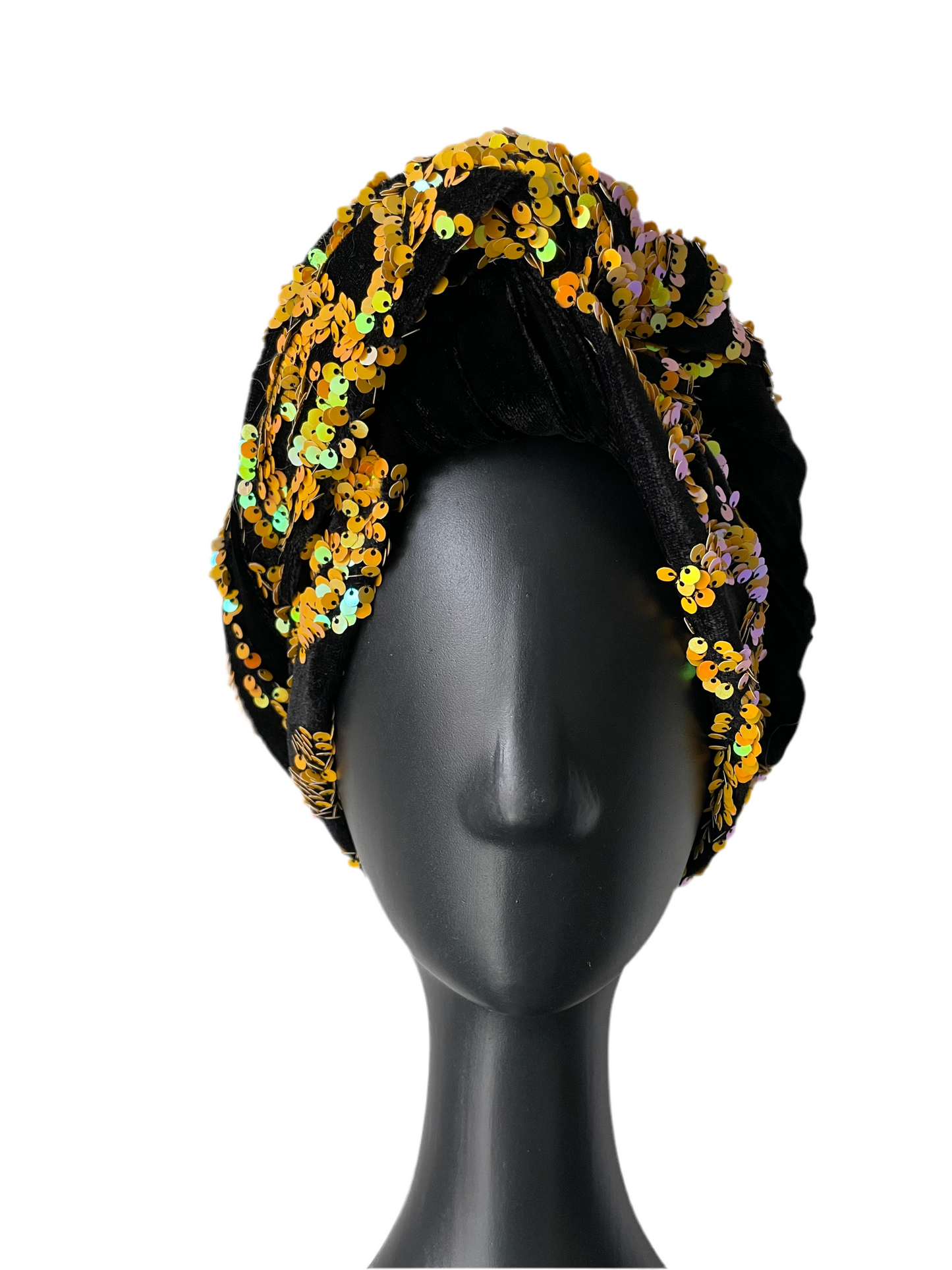Yellow Sequin and Black Velvet Turban