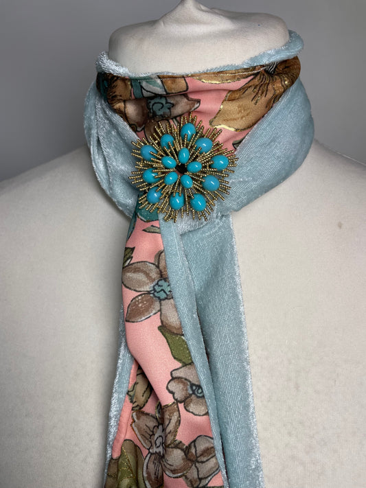 Blue Velvet and Peach Silk Neck Scarf