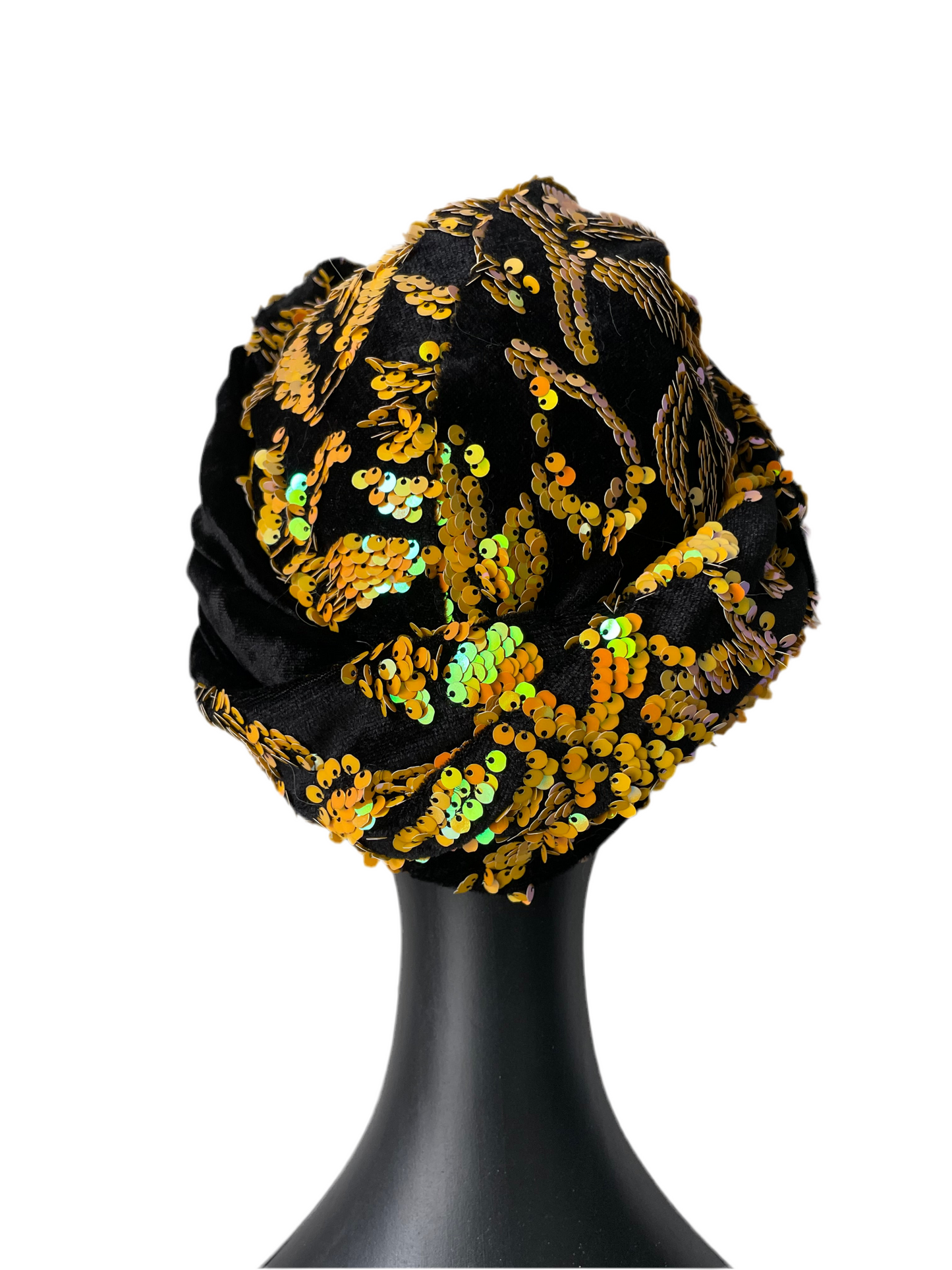 Yellow Sequin and Black Velvet Turban