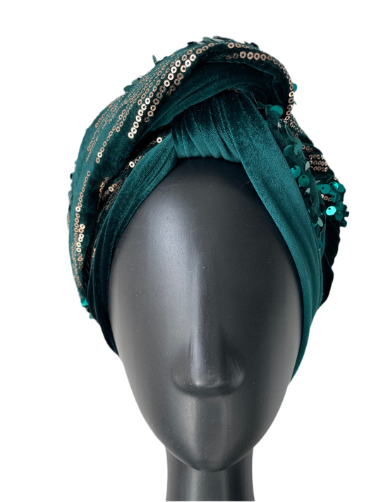 Green Velvet and Sequin Turban