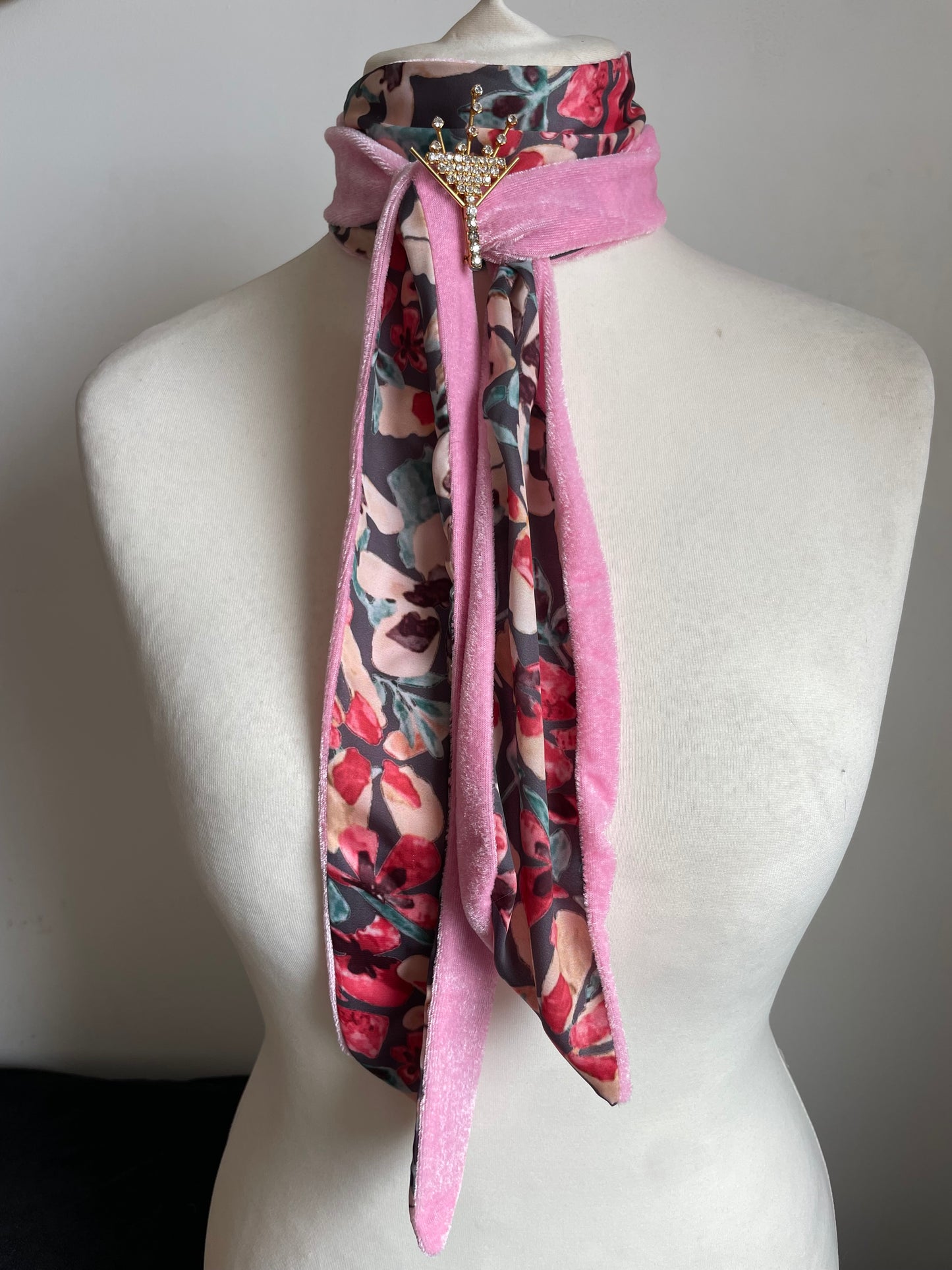 Pink Velvet and Floral Silk Neck Scarf